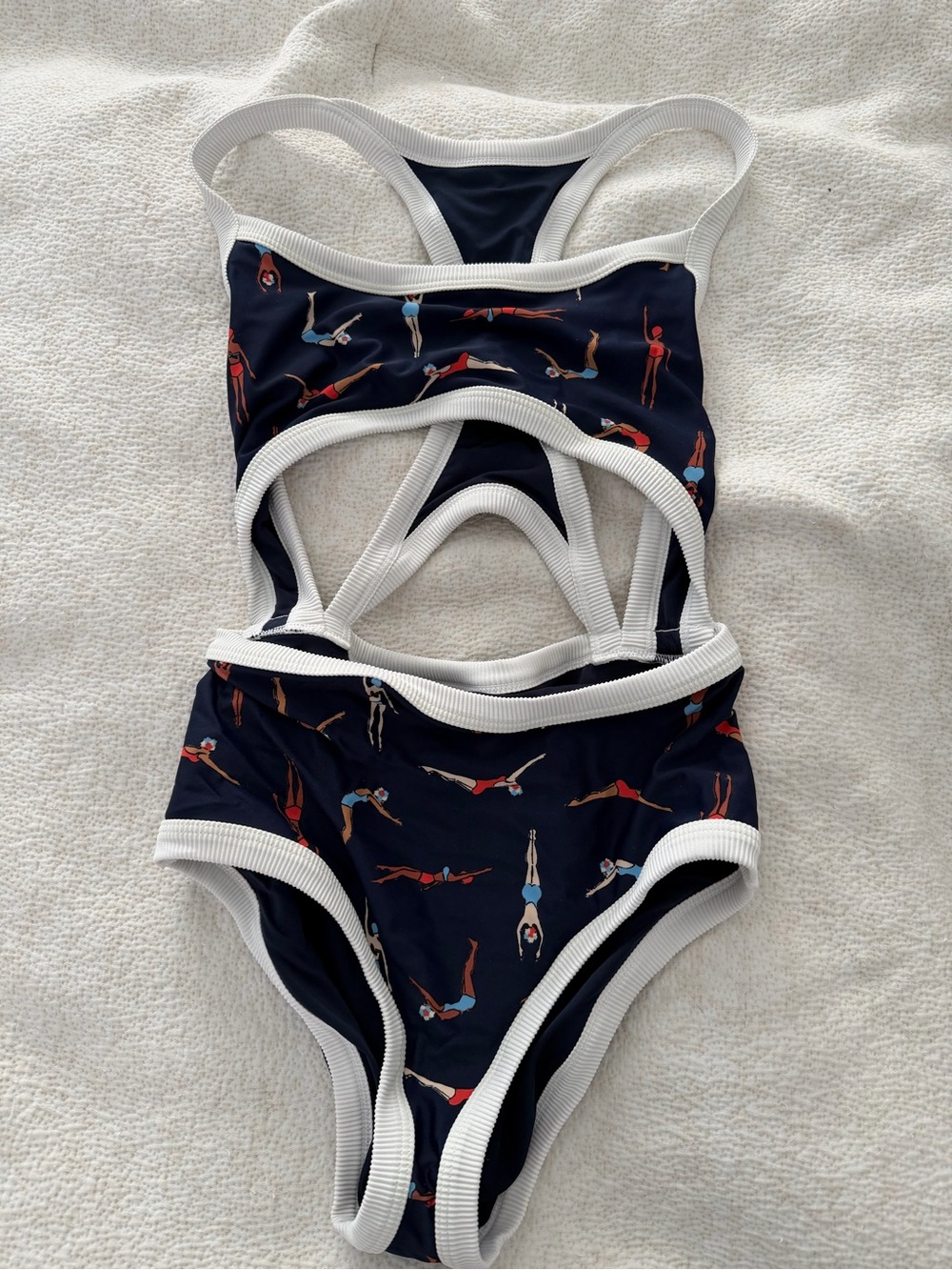 Navy Swimsuit with Diver Print - White Trim